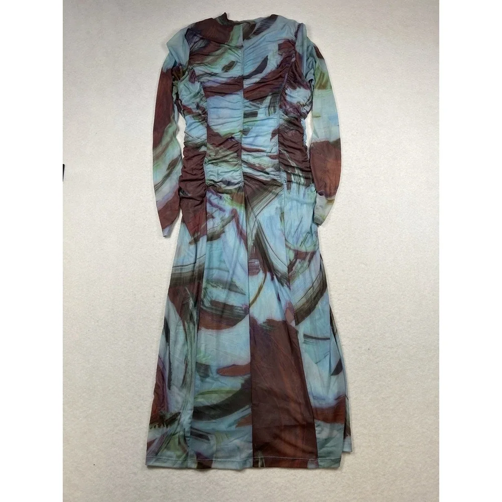 By Anthropologie Long-Sleeve Blue‎ Printed Mesh Ruched Midi Bodycon Dress Size L